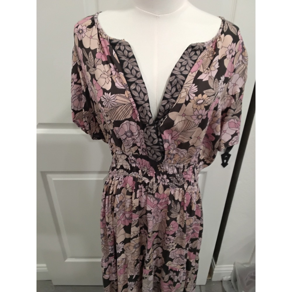 Natural Life Maxi Dress Floral Print Pink Black V Neck Smocked Waist XL - Picture 2 of 8